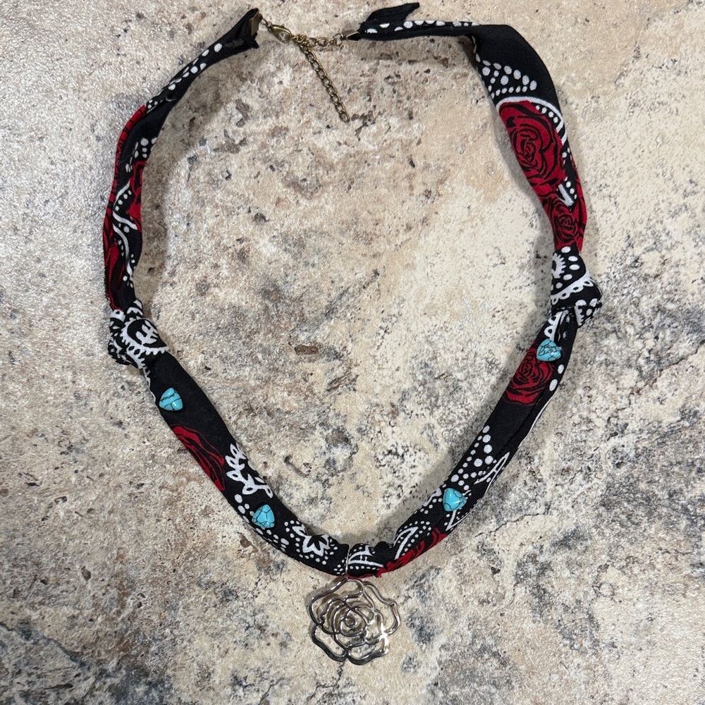 Floral Black and Red Rose Necklace, Silver Rose Pendant & turquoise accents